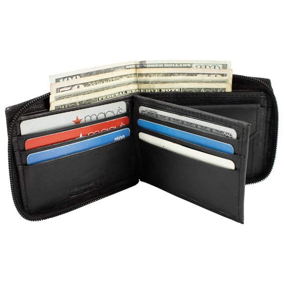Men Wallet Leather ID Money Organizer Zipper Closure Black Bifold Wallet - Picture 3 of 14